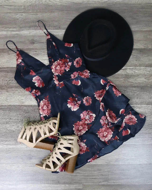 Cotton Candy LA - Floral Mini Dress with Asymmetrical Ruffle Hem in Navy Cozy T-Shirt Mini Dress