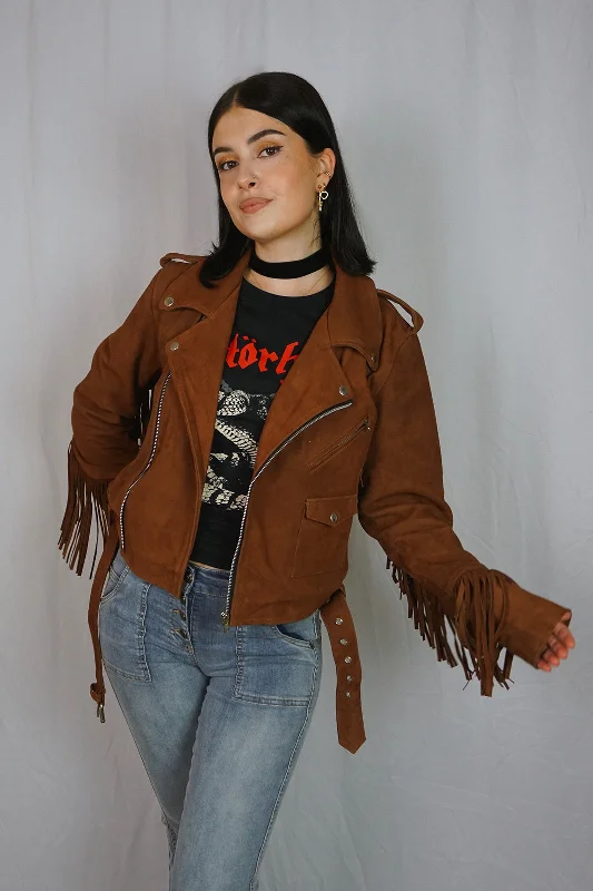 Fringed Leather Western Jacket Hoodie Zip-Up Jacket Button-Up Jacket