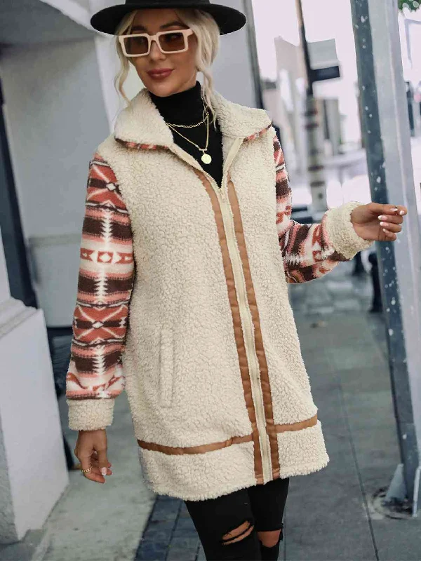 Geometric Zip-Up Collared Sherpa Jacket Front Pockets Side Pockets Patch Pockets