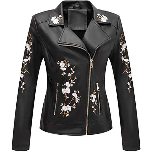 Giolshon Autumn Flowers Embroidery PU Leather Jacket Women Front Pockets Side Pockets Patch Pockets Giolshon Autumn Flowers Embroidery PU Leather Jacket Women Front Pockets Side Pockets Patch Pockets