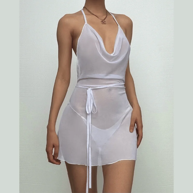 Halter cowl neck sheer mesh ruffle mini dress Elegant Off-Shoulder Dress Mini