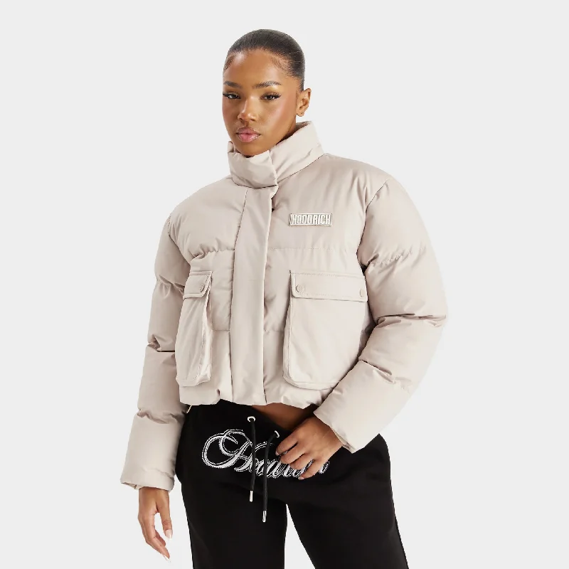 Hoodrich Women's Mia Cropped Puffer Jacket Oxford Tan / White Jacket Blazer Coat