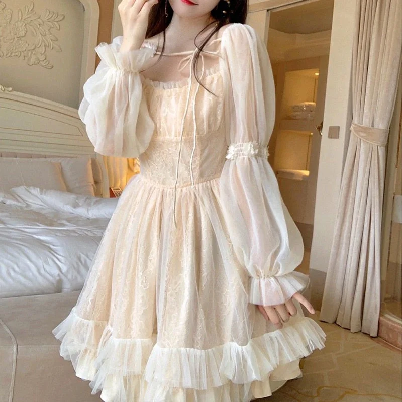 hoombox Lolita Kawaii Dress Women Casual Long Sleeve Vintage Y2k Mini Dress Female Japanese Style One Piece Dress Korean  Autumn Comfortable Wrap Mini Dress