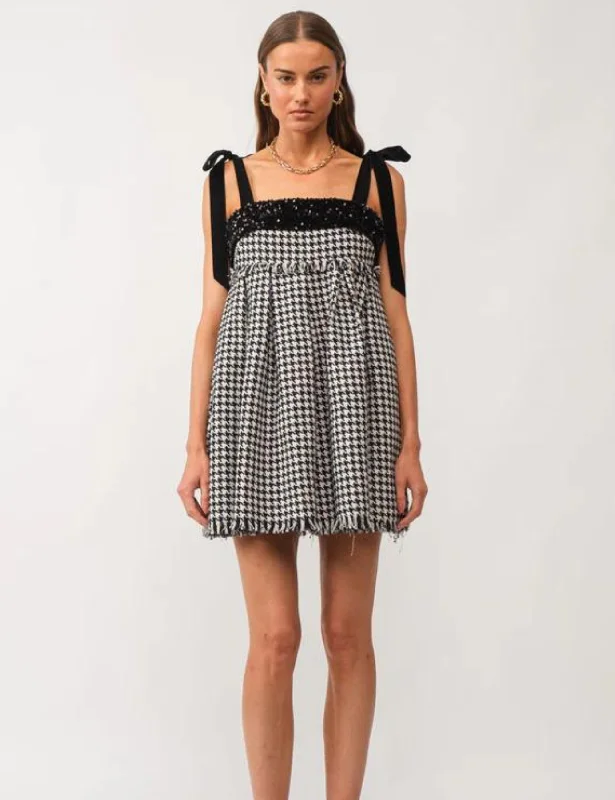 Houndstooth Tweed Mini Dress Chic Mini Dress with V-Neck