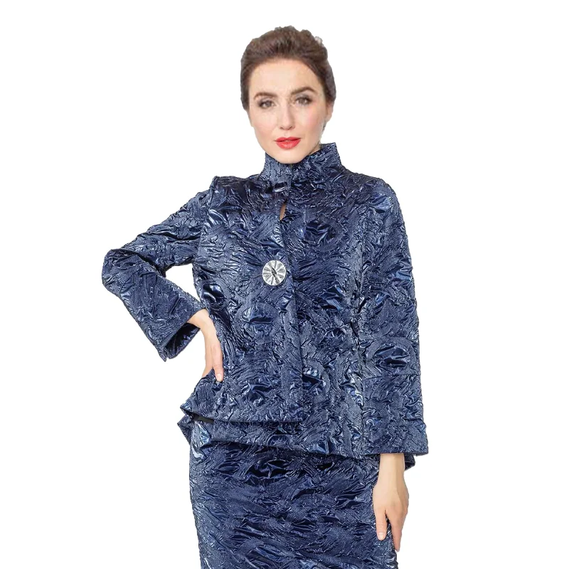 IC Collection Shiny Textured Crinkle One-Button Jacket in Navy - 5519J - Size M Only! Wool Fabric Cashmere Fabric Tweed Fabric