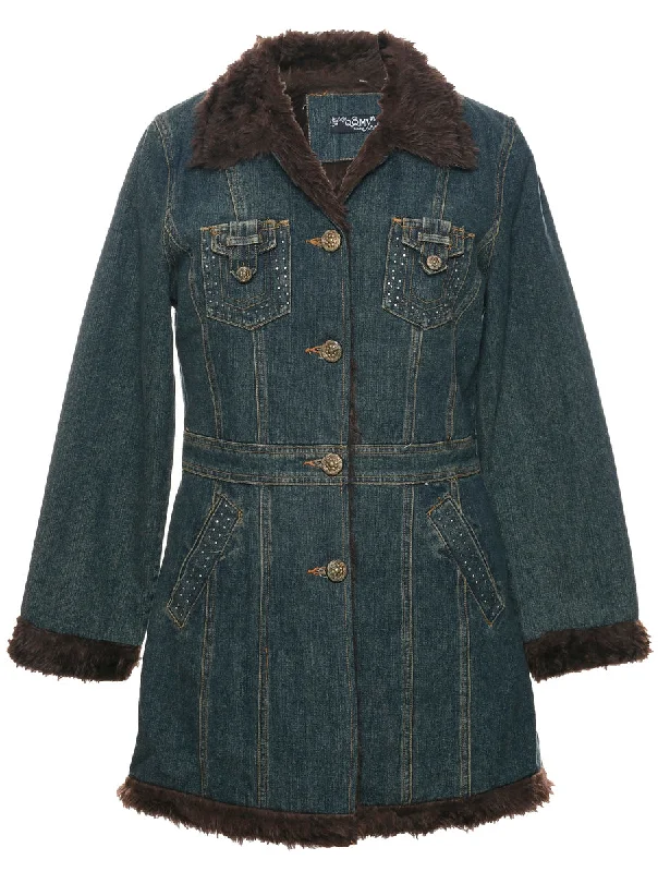 Indigo Shearling Denim Jacket - L Welt Pockets Slit Pockets Flap Pockets