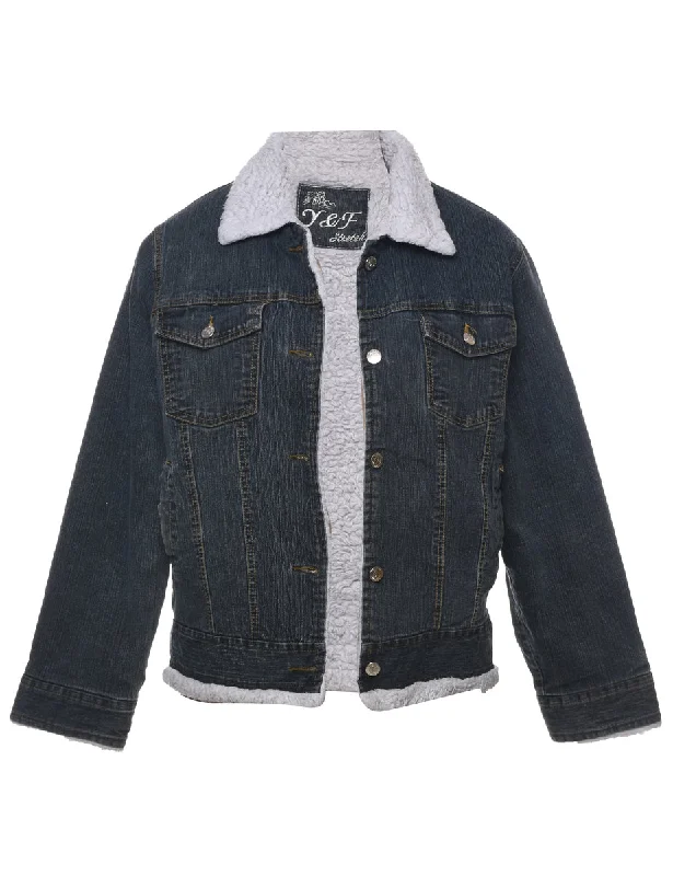 Indigo Shearling Denim Jacket - L Notch Collar Peter Pan Collar Cowl Neck