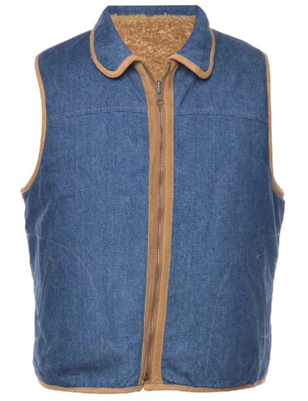 Indigo Sleeveless Shearling Denim Jacket - M Cotton Fabric Linen Fabric Terry Fabric