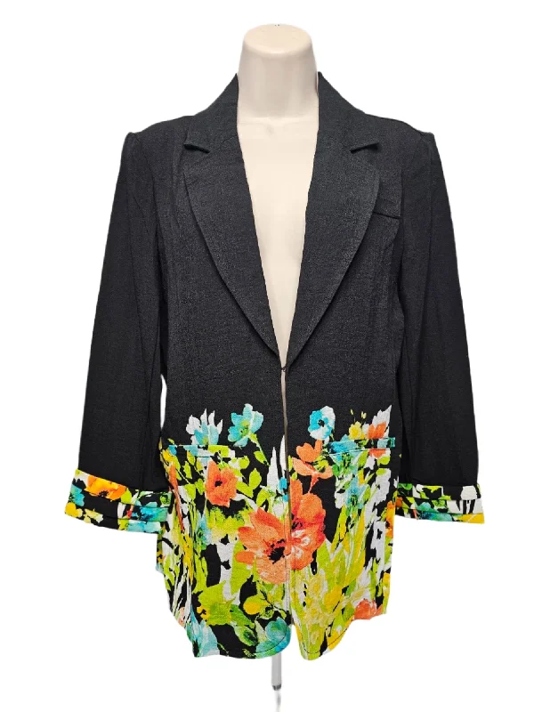 Jacket  Tucked Cuff 3/4 Sleeve Lapel Front Welt Pock - Black with Flowered bottom - M14405JM Ribbed Jacket Pleated Jacket Ruffled Jacket