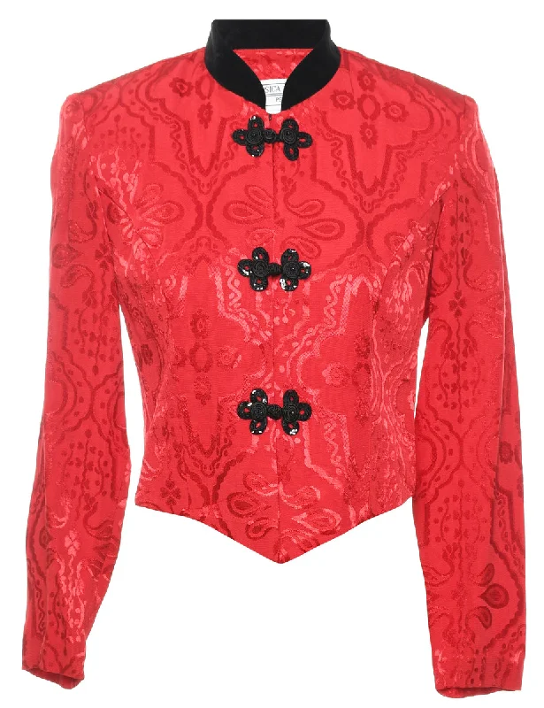 Jacquard Design Red & Black Contrast Collar Evening Jacket - S Welt Pockets Slit Pockets Flap Pockets