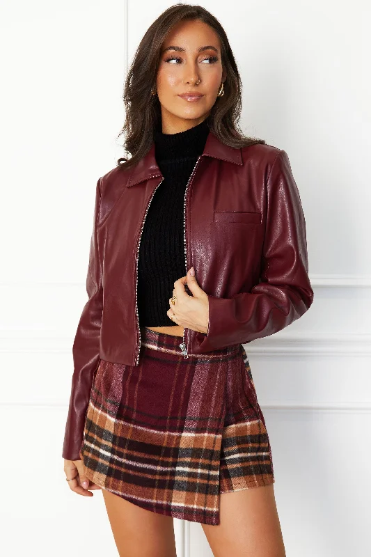 Jordanna Wine Vegan Leather Jacket Satin Fabric Silk Fabric Chiffon Fabric