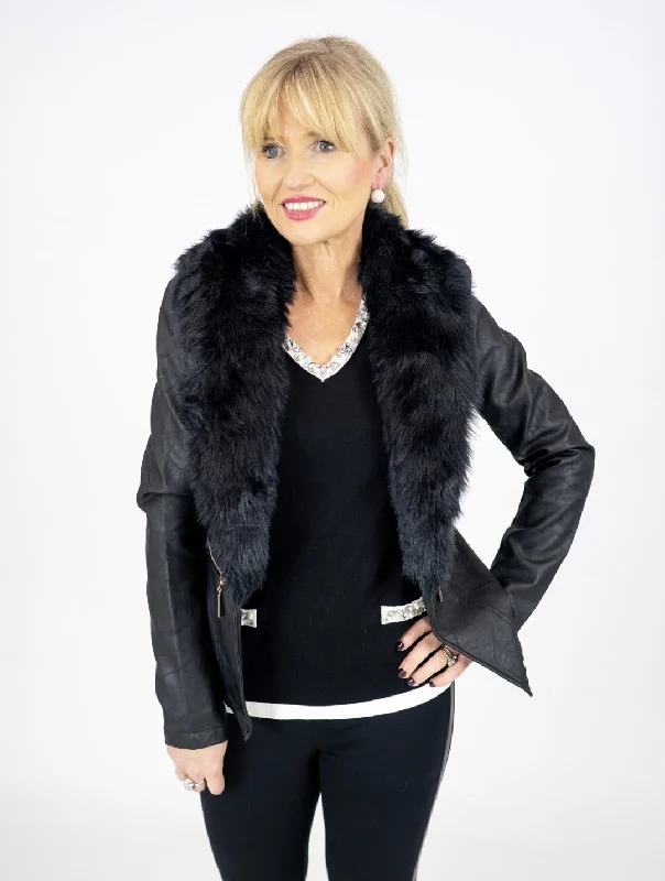 Joseph Ribkoff Faux Fur Jacket A-Line Jacket Boat Neck Shawl Collar