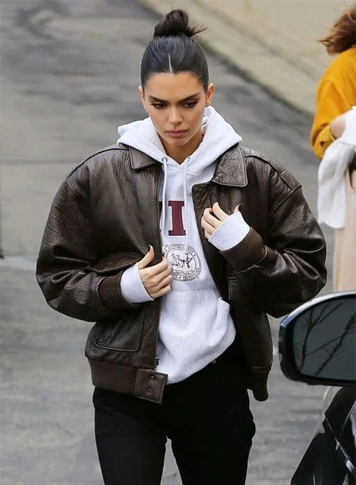 Kendall Jenner L.A. Style Brown Leather Jacket Wool Jacket Cashmere Jacket Tweed Jacket