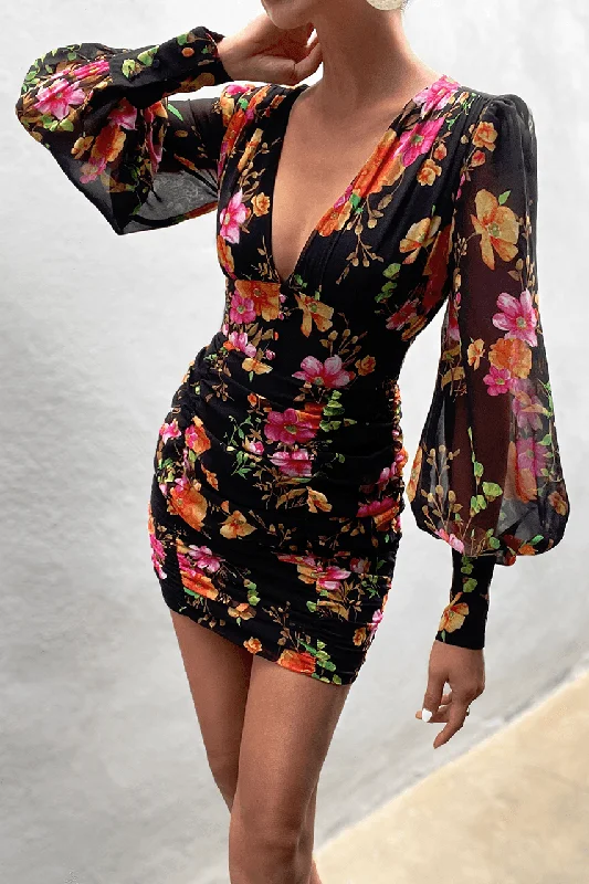 Kim Mini Dress - Black Floral Fashionable Mini Dress with Slits