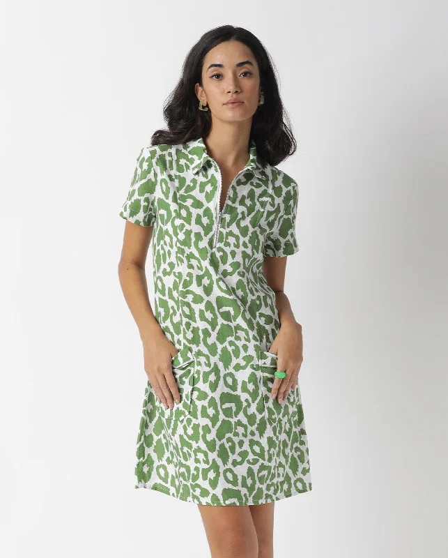 Rareism Women Kyoti White Abstract Print Shirt Collar Front Zip Closure With Patch Pockets Mini Dress Elegant Vintage Mini Dress