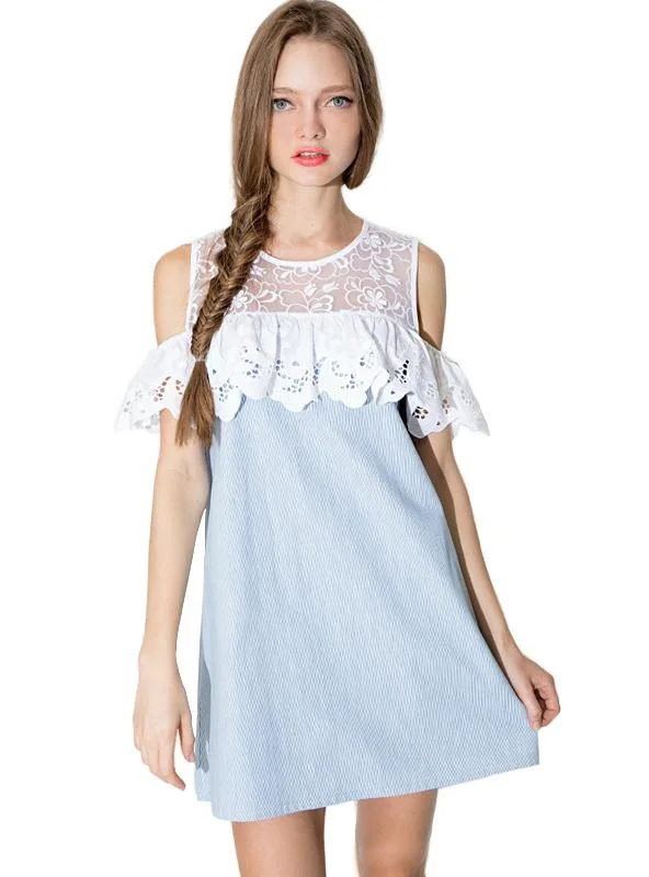 LACE SHIFT DRESS COLD SHOULDER A-LINE MINI DRESS Elegant Vintage Mini Dress