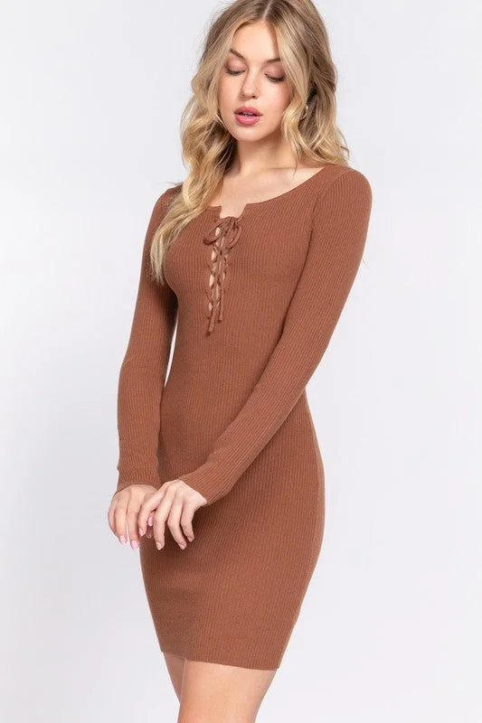 Lace Up Long Sleeve Knit Mini Dress Casual V-Neck Mini Dress