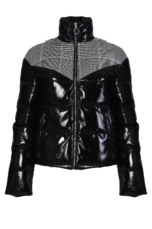 Glamorous Black Vinyl Check Puffer Jacket Nylon Jacket Polyester Jacket Spandex Jacket