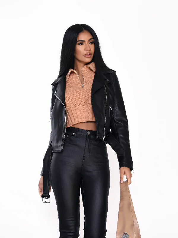 Glamorous Black PU Aviator Jacket Zip Front Button Front Snap Front