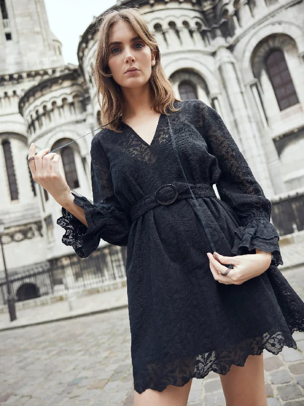 Lane Mini Dress in Black Crochet Lace Chic Mini Dress with V-Neck