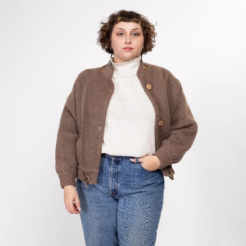 Large 80s Cocoa Brown Knit Cropped Jacket Print Jacket Jacquard Jacket Patchwork Jacket