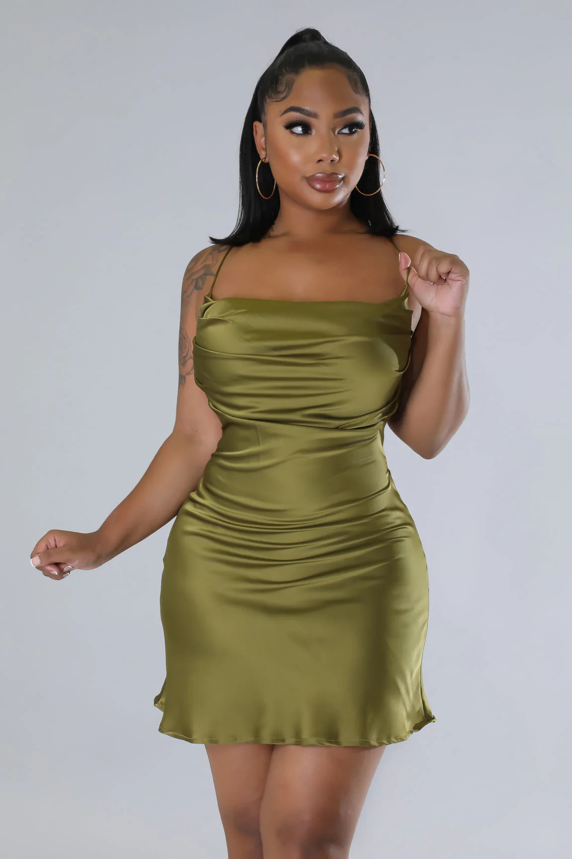 Larissa Satin Mini Dress Moss Green Comfortable Boho Mini Dress