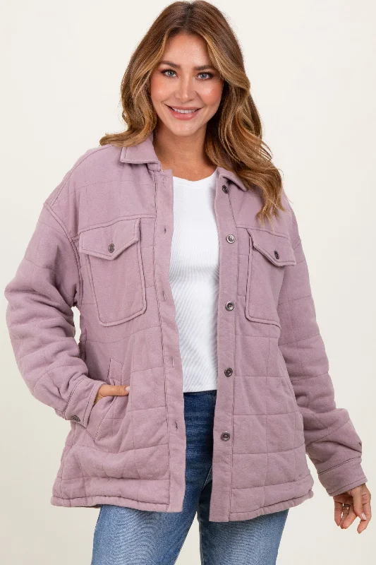 Lavender Oversized Collared Button Down Quilted Jacket Front Pockets Side Pockets Patch Pockets