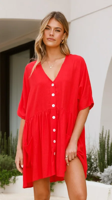 Leah Mini Dress - Red Chic Mini Dress with V-Neck
