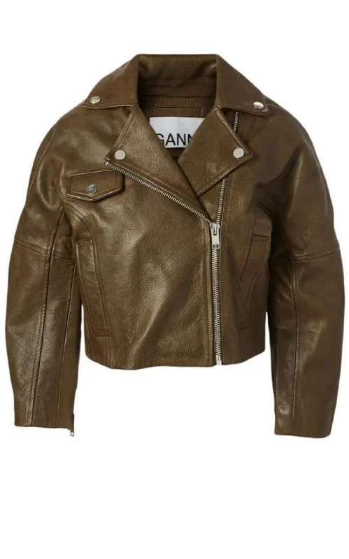Leather Cropped Biker Jacket Zippered Front Buttoned Front Snap Front