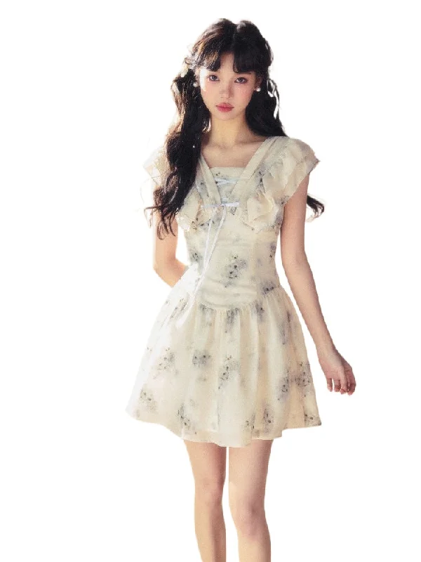 Light Purple Floral Mini Dress Stylish Puff Sleeve Mini Dress