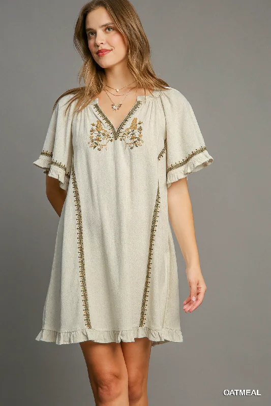 Linen peasant mini dress with ruffle trim, split neck and embroidery Elegant Silk Mini Dress Linen peasant mini dress with ruffle trim, split neck and embroidery Elegant Silk Mini Dress