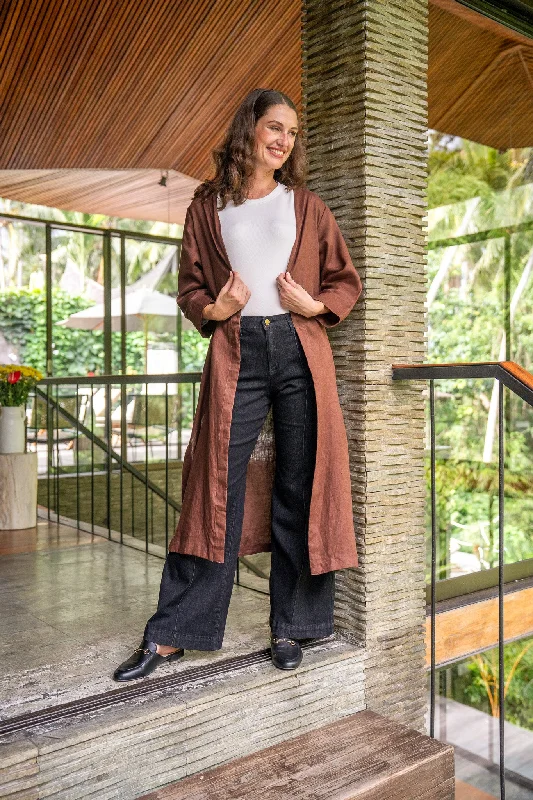 Long Line Linen Duster Jacket in Raisin Notch Collar Peter Pan Collar Cowl Neck