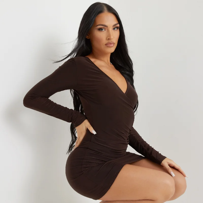 Long Sleeve Plunge Mini Dress In Brown Classic Casual Mini Dress