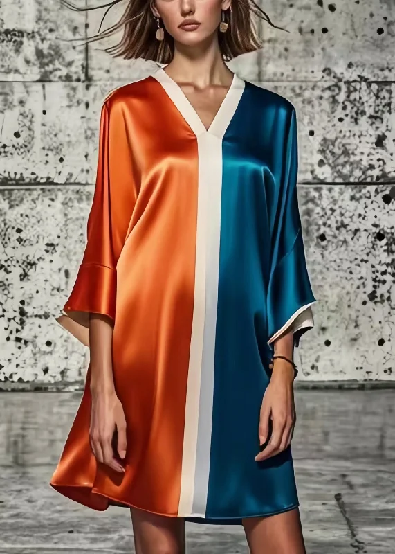 Loose Colorblock V Neck Patchwork Silk Mini Dresses Summer Fashionable Party Mini Dress