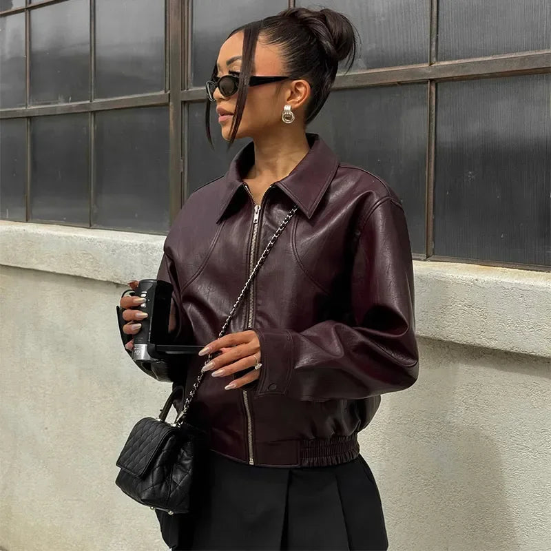 Lunivop Chic Faux-leather Bomber Jacket Warm Lapel Long Sleeves Zipper Crop Coats 2024 Autumn Fashion Lady Commuting Street Overcoat Front Pockets Side Pockets Patch Pockets