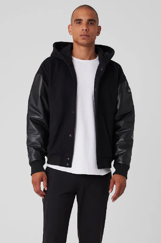 Select Hooded Bomber Jacket - Black Knit Fabric Woven Fabric Fleece Fabric