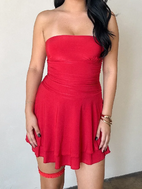 May Ruffled Mini Dress (Red) Cozy Cowl Neck Mini Dress