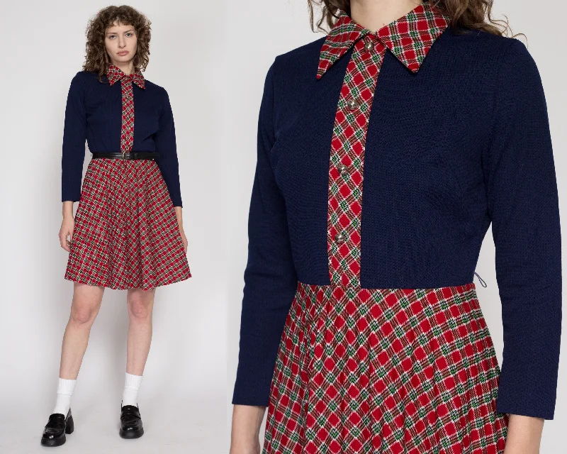 Medium 70s Plaid Fit & Flare Mini Dress Comfortable Linen Mini Dress