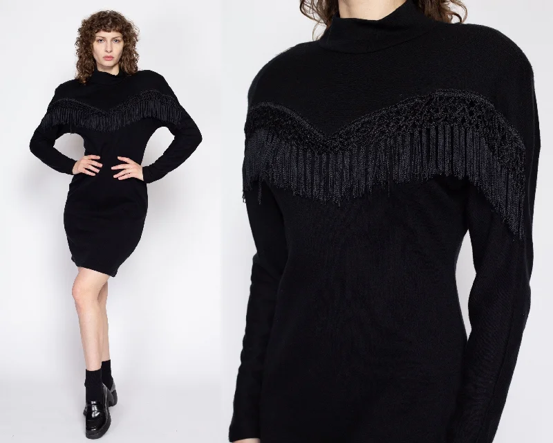 Medium 80s Black Fringe Trim Bodycon Mini Dress Trendy Tulle Mini Dress