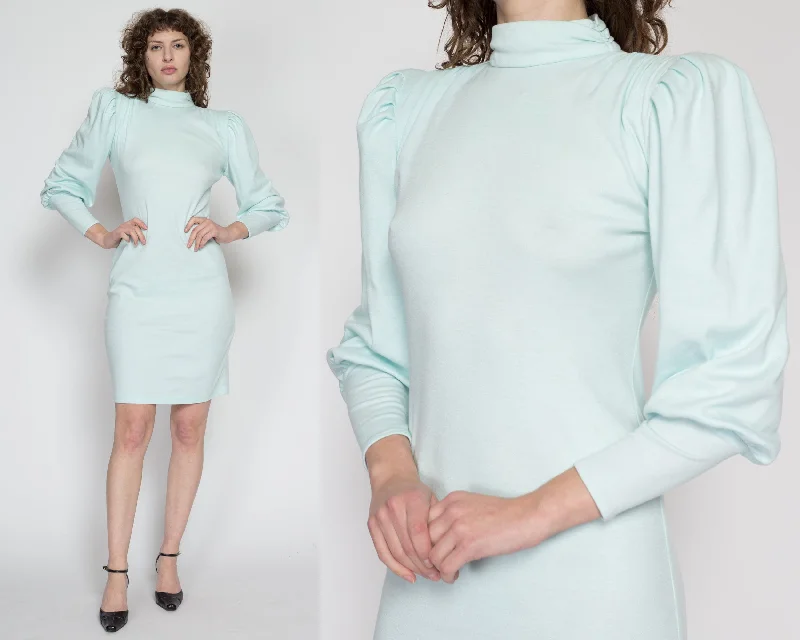 Medium 80s Mint Green Bishop Sleeve Mini Dress Classic Floral Mini Dress