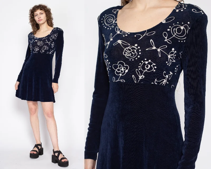 Medium 90s Navy Blue Slinky Floral Mini Dress Comfortable Wrap Mini Dress