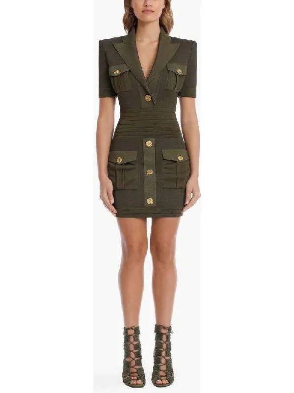 Military Pocket Mini Dress with Gold-Tone Buttons Cozy Knit Mini Dress