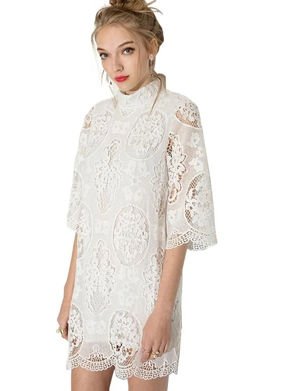 MINI DRESS HALF SLEEVE STRAIGHT LACE DRESS Comfortable Shift Mini Dress