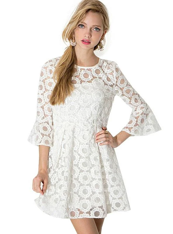 MINI DRESS WOMEN LACE CONTRAST WHITE SWEET CASUAL Fashionable Mini Dress with Frills
