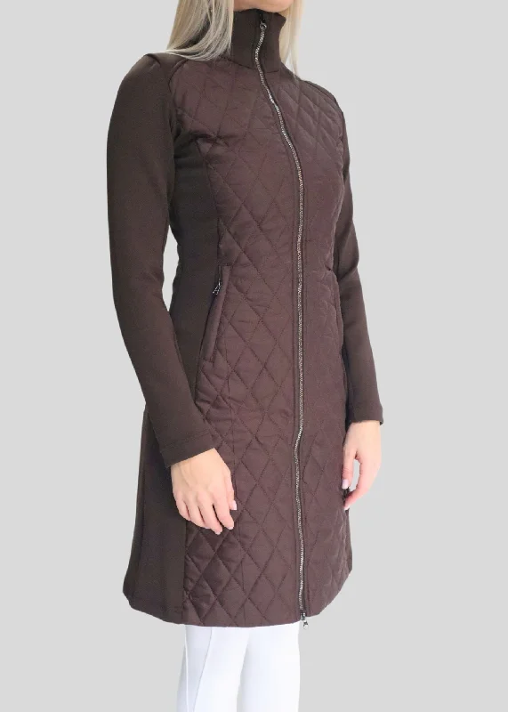 MoQuinn Quilted Hybrid Long Jacket - Brown Boat Neck Shawl Collar Notched Collar