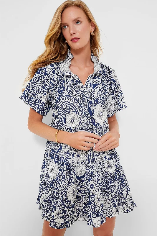 Navy and White Tiered Thea Mini Dress Fashionable Mini Dress with Frills
