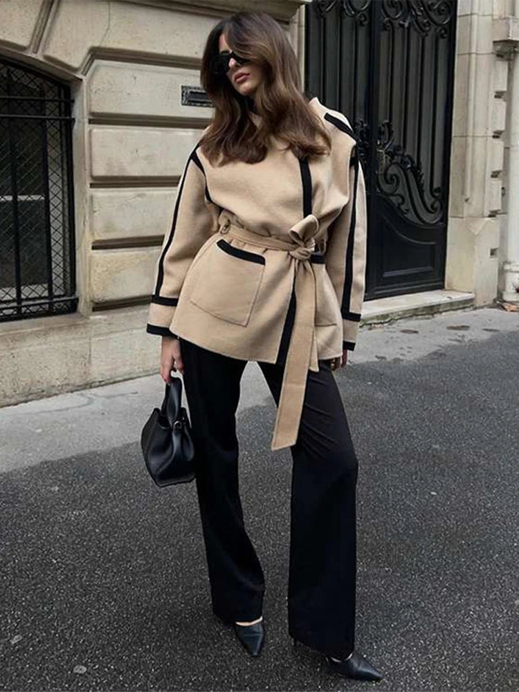 New Spliced Contrast Woolen Coat Women Long Sleeve Thicken Jacket with Belt Pockets 2024 Autumn Casual Ladies Commuter Outwear Mesh Jacket Canvas Jacket Denim Jacket