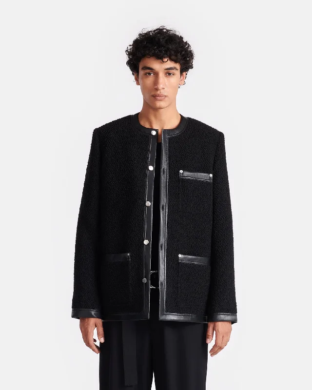 Earl - Leather-Trimmed Boucle Tweed Jacket - Black Cardigan Sweater Pullover