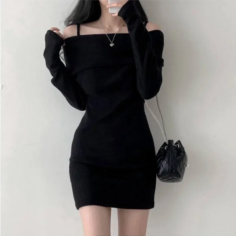 Off Shoulder Suspender Lapel Knit Dress Women Korean Sexy Slim Bottomed Mini Dresses Autumn Winter Solid Suspender Sweater Dress Comfortable Casual Mini Dress