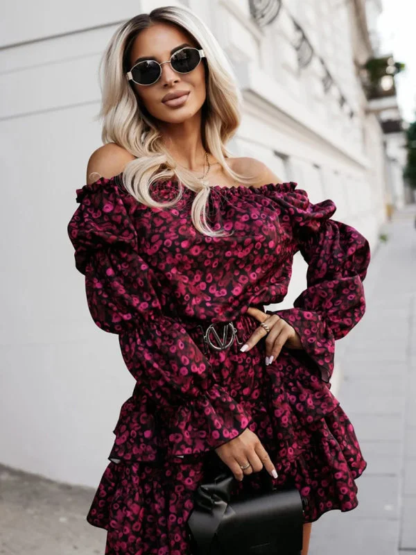 Blue Zone Planet |  Amber's Off-shoulder Ruffled Waist Solid Color Long-sleeved Mini Dress Classic Floral Print Mini Dress